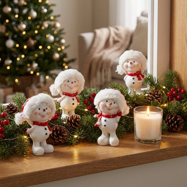 Drei Schneemann Figuren als Weihnachtsdekoration auf einem Kaminsims mit Tannenzweigen, Zapfen, Beeren und einer brennenden Kerze