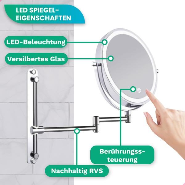 Mirlux Make Up Spiegel mit LED Beleuchtung, Kosmetikspiegel 7X Vergrößerung Rund Wandmodell Chrom