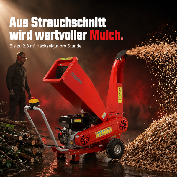 Benzin-Gartenhäcksler von Hecht zerkleinert Strauchschnitt zu Mulch mit bis zu 2,3 Kubikmeter pro Stunde. Anwender mit Gehörschutz steht daneben.