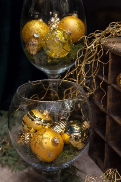 Klar/Satin-Gold, Glaskugelsortiment 8cm, 5 versch. Designs, mundgeblasen, handbemalt, 9 Stck., Weihnachtsbaumkugeln, Christbaumschmuck, Weihnachtsbaumanhänger