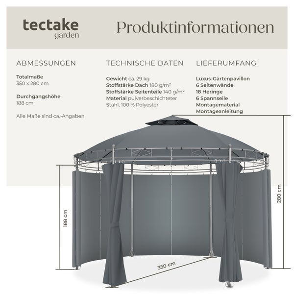 Gartenpavillon tectake Siana inklusive Spannseilen und Heringen Ø 3,5 m anthrazit