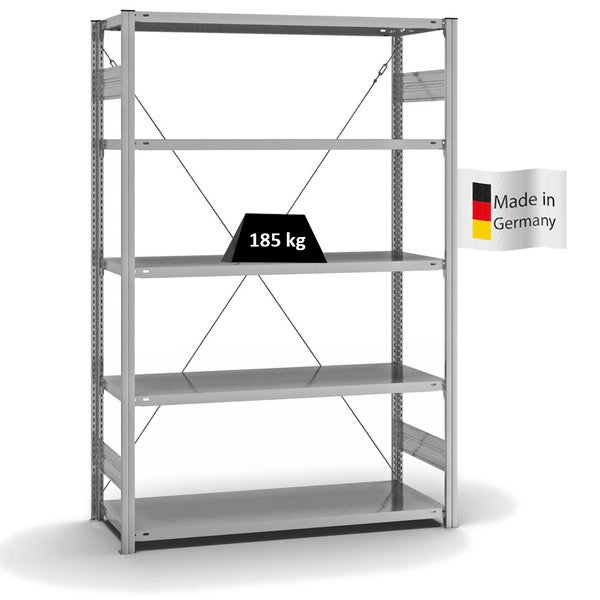 PROREGAL Fachbodenregal Stecksystem T-Profil Light-Duty Grundregal HxBxT 200 x 130 x 50 cm 5 Ebenen Fachlast 185 kg Einseitig Nutzbar Verzinkt