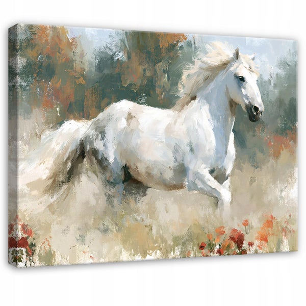 Wandbild auf Leinwand mit einem gemalten weißen Pferd in einer Landschaft mit Wiesen und Bäumen
