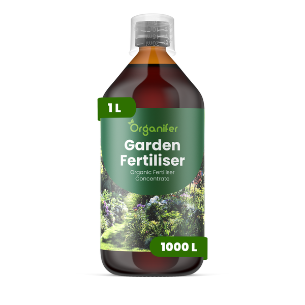 Organifer Bio Garten-Flüssigdünger-Konzentrat, 1 Liter Flasche ergibt 1000 Liter Gießwasser.