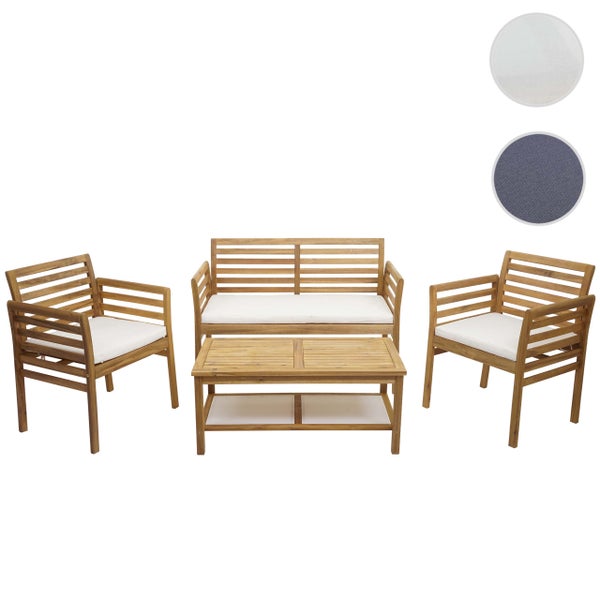 Garten-Lounge-Set aus Holz bestehend aus einer 2-Sitzer-Bank, zwei Sesseln und einem Couchtisch mit Ablagefach, inklusive Sitzkissen.