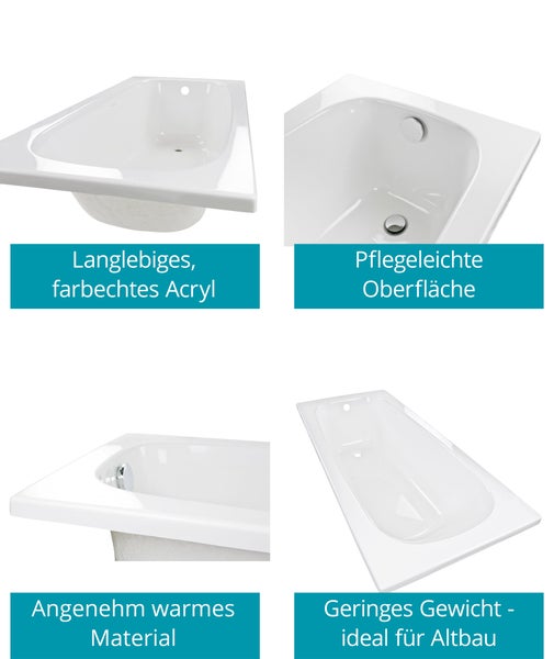 Weiße Badewanne aus Acryl mit Hinweisen zu langlebigem Material, pflegeleichter Oberfläche und geringem Gewicht, ideal für Altbauten.