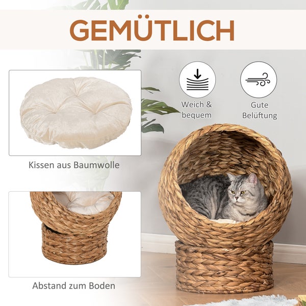 PawHut Rattan Katzenkorb, 50 x 42 x 60 cm, Wasserhyazinthe, Hellbraun