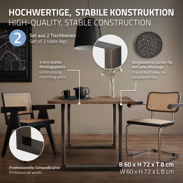 ECD Germany 2x Tischbeine aus Vierkantprofilen, 60x72 cm, Dunkelgrau, pulverbeschichteter Stahl, Industriedesign, Metall Tischkufen Tischuntergestell Tischgestell Möbelfüße, für Esstisch, Schreibtisch
