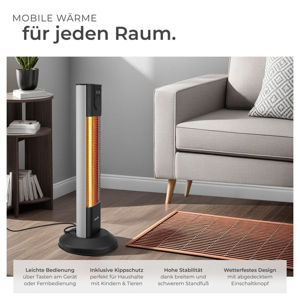 Mobiler Infrarotstrahler in einem modern eingerichteten Wohnzimmer mit Bedienungsmerkmalen und Sicherheitshinweisen.