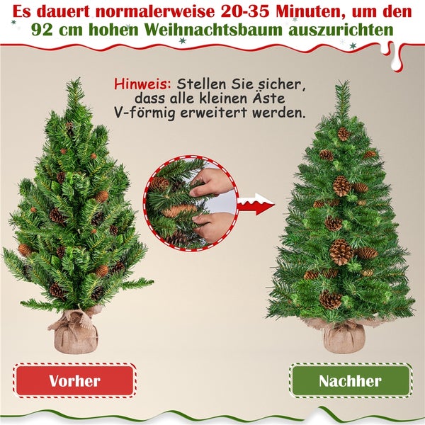 Anleitung zum Aufstellen eines künstlichen Weihnachtsbaums mit Tannenzapfen