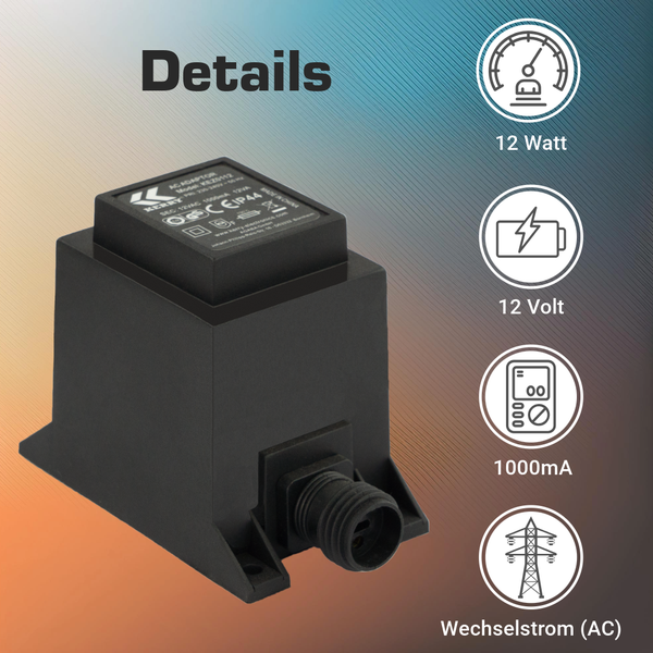 AC-Adapter Transformator mit 12 Watt, 12 Volt, 1000 Milliampere und Wechselstrom, Schutzart IP44.