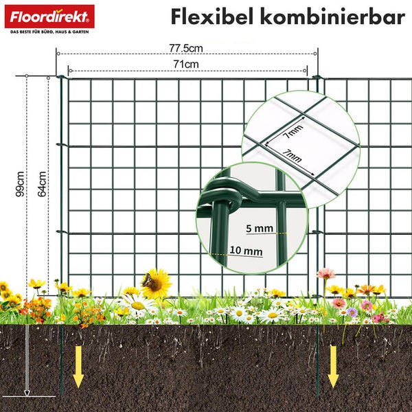 Flexibel kombinierbarer grüner Maschendrahtzaun mit Größenangaben für den Garten