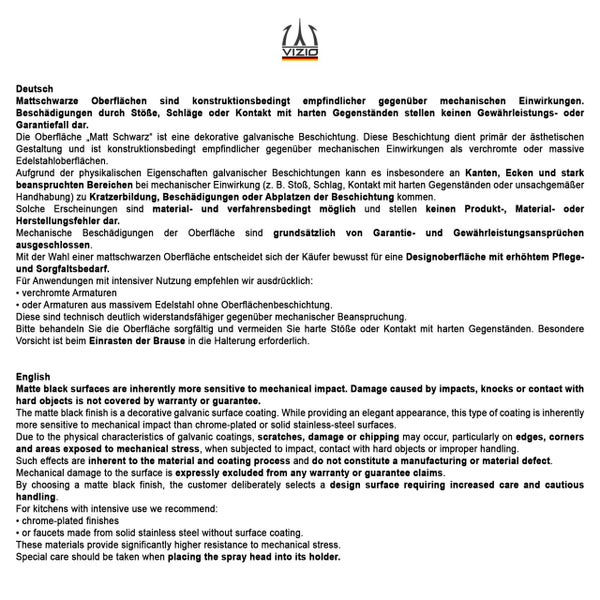 VIZIO Logo und Pflegehinweise für mattschwarze Oberflächen in Deutsch und Englisch bezüglich Empfindlichkeit und Garantieausschluss bei Schäden.