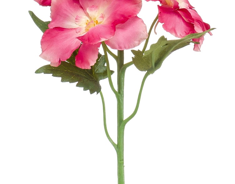 Künstlicher Blumenzweig mit rosa Blüten, grünen Blättern und gelber Mitte.