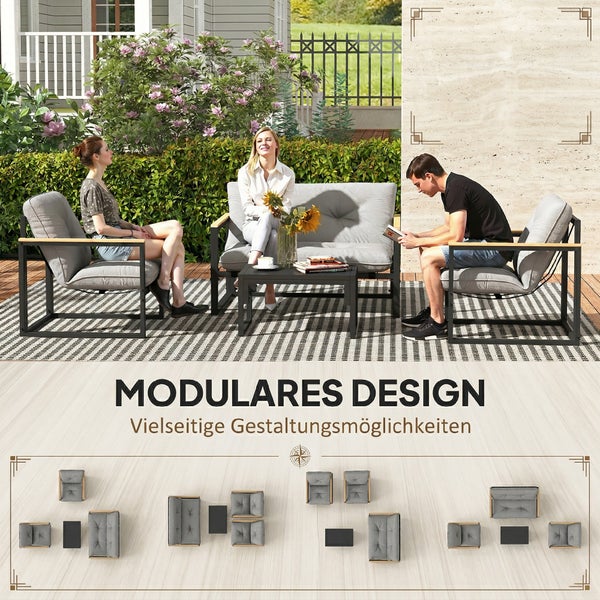 Modulare Gartenlounge mit Sofa, Sesseln und Tisch auf einer Terrasse. Zeigt verschiedene Stellmöglichkeiten und eine Szene mit Personen im Garten.