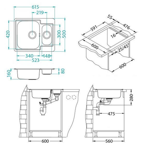 Technische Zeichnung einer Einbauspüle mit Abtropffläche inklusive Maßangaben zur Planung und Montage in der Küche.