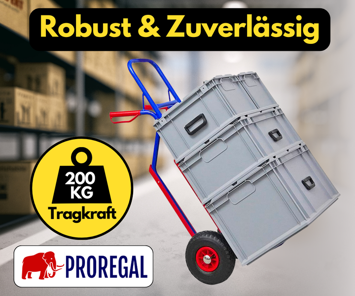 Proregal Sackkarre mit einer Tragkraft von 200 Kilogramm, beladen mit Kisten in einem Lager. Proregal Logo.