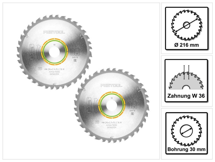 Festool Universal Kreissägeblatt Set 2x HW 216 x 30 x 2,3 mm W36 216 mm 36 Zähne ( 2x 500124 )