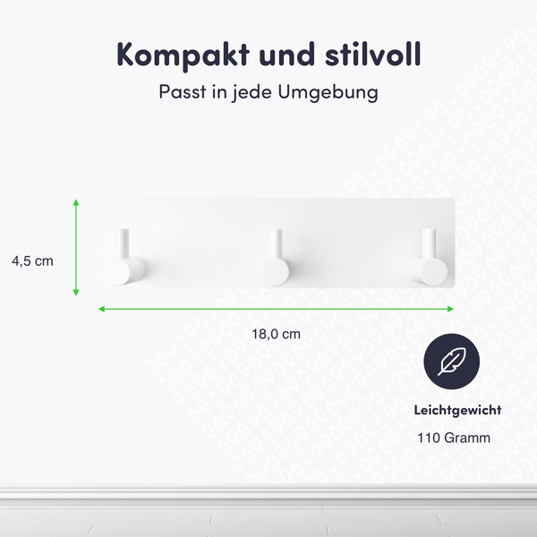 Wandhakenleiste mit drei Haken, Maße 18,0 Zentimeter Breite und 4,5 Zentimeter Höhe, Gewicht 110 Gramm.