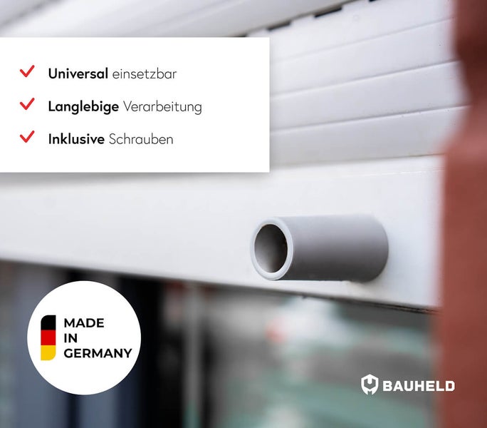 Rollladen-Zubehör mit Hinweisen zu universeller Einsetzbarkeit, langlebiger Verarbeitung, inklusive Schrauben sowie Made in Germany Siegel und Bauheld Logo.