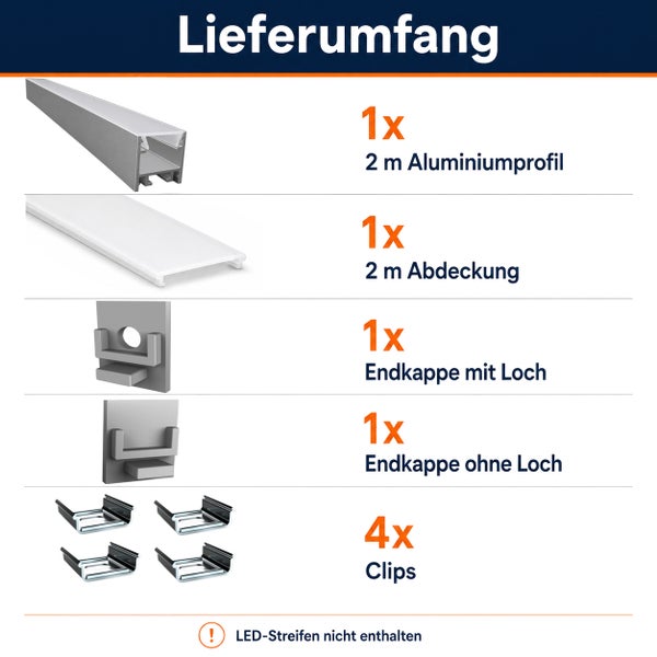 Lieferumfang eines zwei Meter LED Aluminiumprofil Sets mit Abdeckung, zwei Endkappen und vier Clips. LED Streifen nicht enthalten.