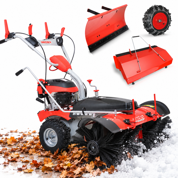 Hecht Kehrmaschine mit Benzinmotor, Schneeschild, Kehrgutbehälter und Schneeketten für die Ganzjahresnutzung