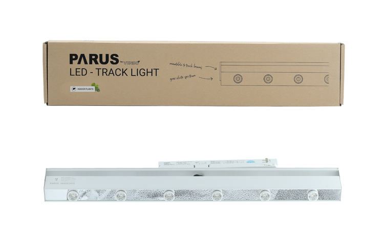 Darstellung einer Zimmerpflanzenbeleuchtung mit LED-Chips und Hinweisen zu Lichtspektrum, Photosynthese sowie Wachstumsphasen