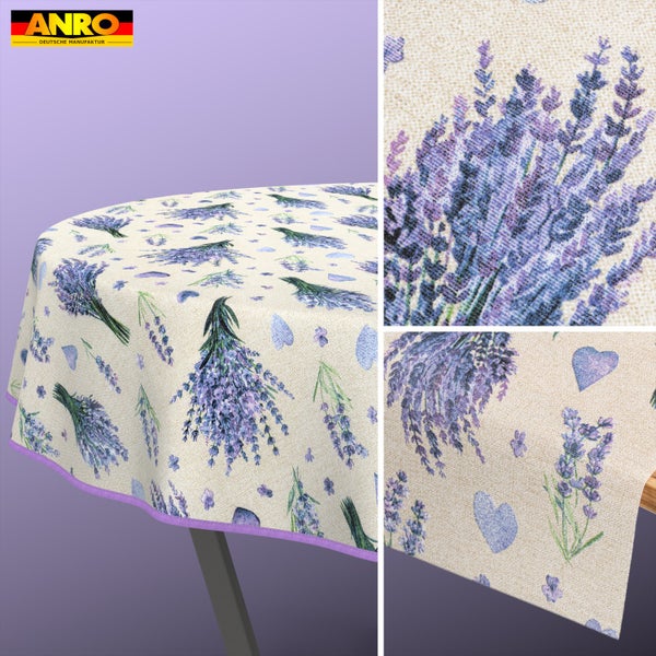 Runde Tischdecke mit Lavendel-Muster und Herzen sowie ANRO Logo.