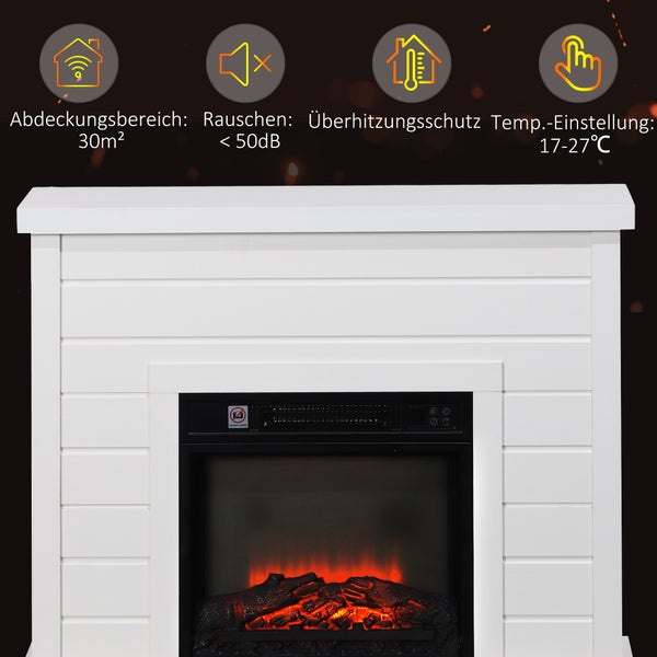 Weißer Elektrokamin mit Umrandung. Symbole zeigen: 30 Quadratmeter Fläche, unter 50 Dezibel, Überhitzungsschutz, 17 bis 27 Grad Celsius.