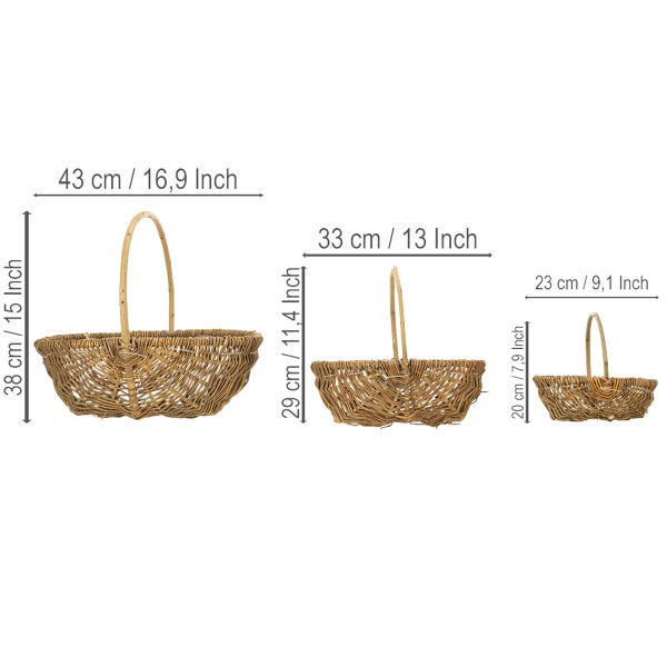 Drei geflochtene Körbe in verschiedenen Größen mit Maßangaben in Zentimeter und Inch.