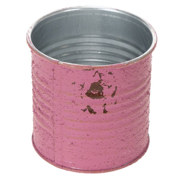 Kleiner runder Übertopf aus Metall in Rosa mit strukturierter Oberfläche im Vintage-Design.