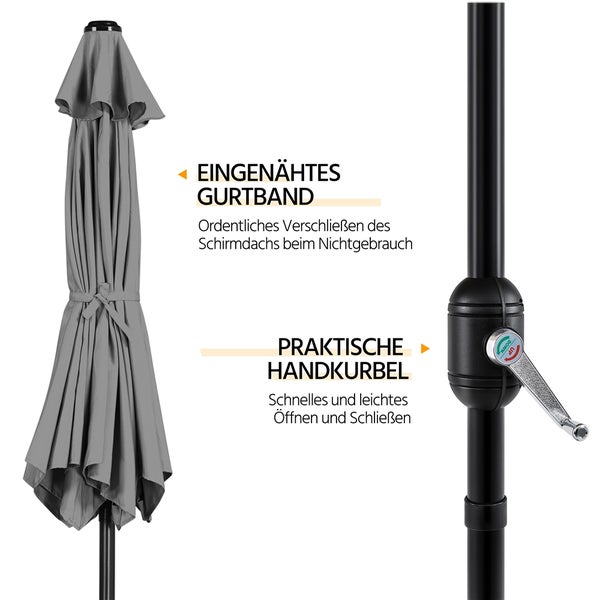 Geschlossener Sonnenschirm mit eingenähtem Gurtband und Handkurbel