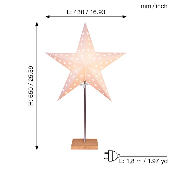 Dekostern mit Ständer und Abmessungsangaben