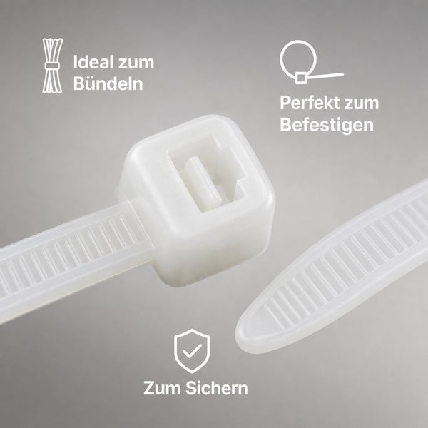 Kunststoff Kabelbinder zur Befestigung und zum Bündeln mit Sicherungssymbol.