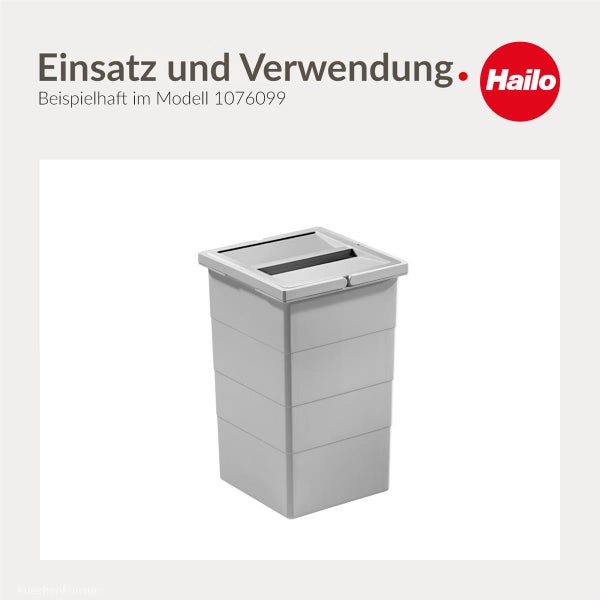 Grauer Kunststoff-Abfalleimer von Hailo als Anwendungsbeispiel für Modell 1076099. Hailo Logo.