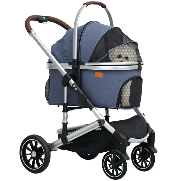 PawHut Hundewagen 3 in 1 Hundebuggy klappbar für Hunde & Katzen bis 10 kg Katzenbuggy mit Kissen Becherhalter Netzfenstern Türen Aufbewahrungskorb Katzenwagen Buggy Dunkelblau