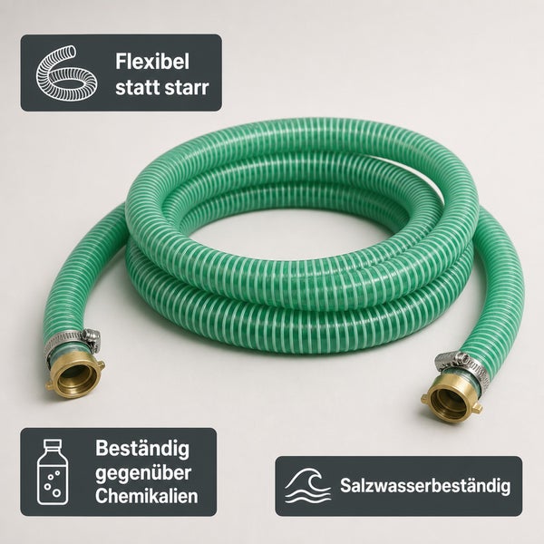 Flexibler Spiralschlauch mit Anschlüssen, beständig gegen Chemikalien und Salzwasser.