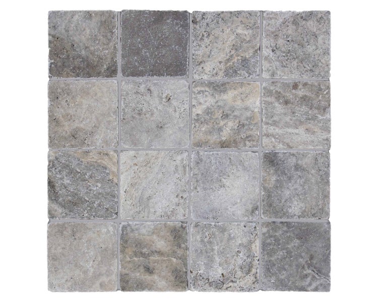 Wohnrausch Travertin Mosaikfliesen SILVER 10 x 10 x 1 cm, getrommelt, grau