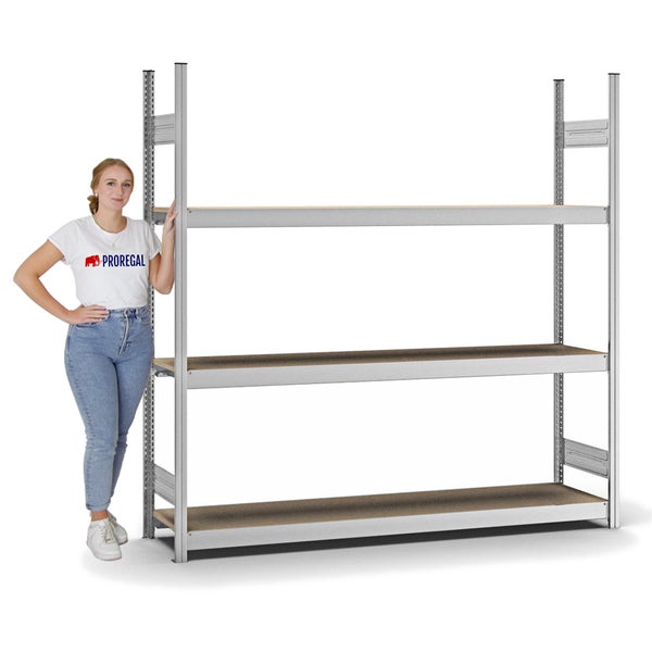 PROREGAL Weitspannregal Stecksystem T-Profil Grundregal HxBxT 200x200x40 cm 3 Ebenen Spanplatten Fachboden Fachlast 350 kg Verzinkt