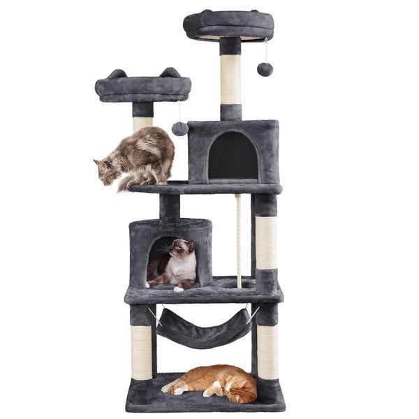 Grauer Kratzbaum mit mehreren Ebenen, Häusern und Katzen