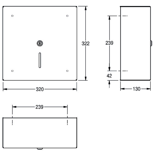 Maßzeichnung eines Handtuchspenders mit Maßen in Millimeter: Breite 320, Höhe 322 und Tiefe 130.