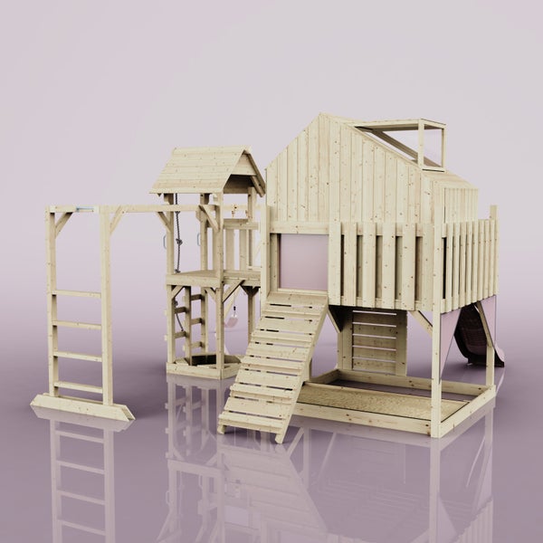 Holzspielhaus mit Rutsche, Sandkasten, Kletterwand und Schaukel