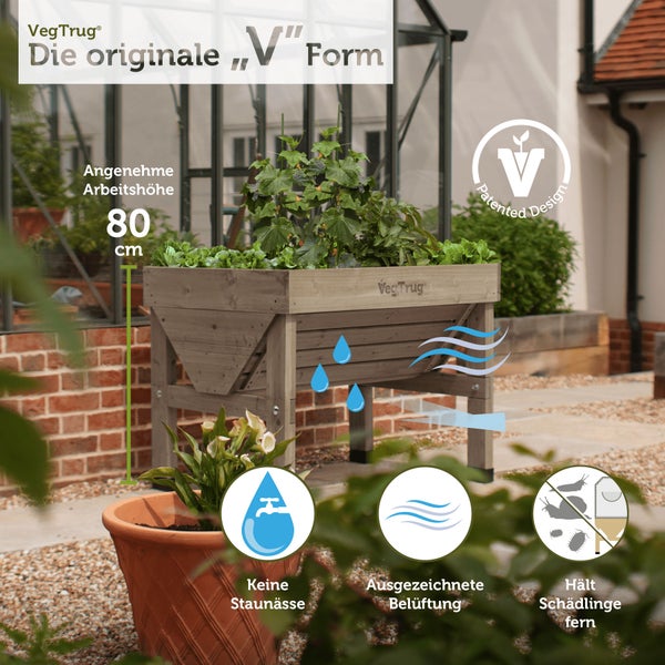 V-förmiges VegTrug Hochbeet aus grauem Holz mit 80 Zentimeter Arbeitshöhe, Entwässerung, Belüftung und Schutz vor Schädlingen.