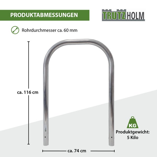 Metall Fahrradbügel mit Produktabmessungen und TrutzHolm Logo