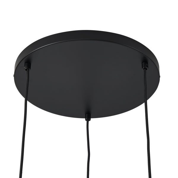 Runder Deckenbaldachin aus Metall für drei Pendelleuchten mit schwarzen Textilkabeln.