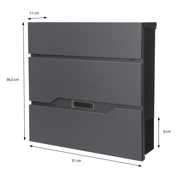 Wandbriefkasten aus Metall in Anthrazit mit Zeitungsfach und Namensschild, Breite 37 Zentimeter, Höhe 36,5 Zentimeter, Tiefe 11 Zentimeter.