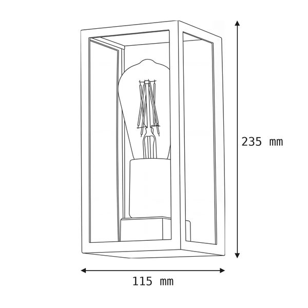 Strichzeichnung einer rechteckigen Wandleuchte mit innenliegendem Leuchtmittel, Höhe 235 Millimeter, Breite 115 Millimeter.