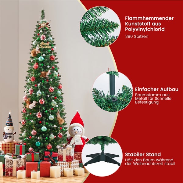 Geschmückter Weihnachtsbaum mit Geschenken und Details zu feuerhemmendem Kunststoff, einfacher Montage und stabilem Stand