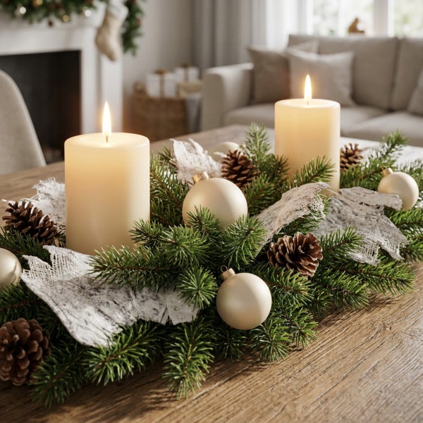 Weihnachtsgesteck mit zwei brennenden Stumpenkerzen, Tannenreisig, Tannenzapfen und Weihnachtskugeln auf einem Holztisch in einem Wohnzimmer.