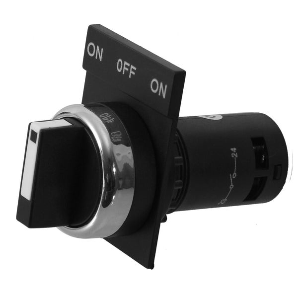 Wahlschalter mit drei Stellungen ON OFF ON aus schwarzem Kunststoff mit verchromtem Frontring.